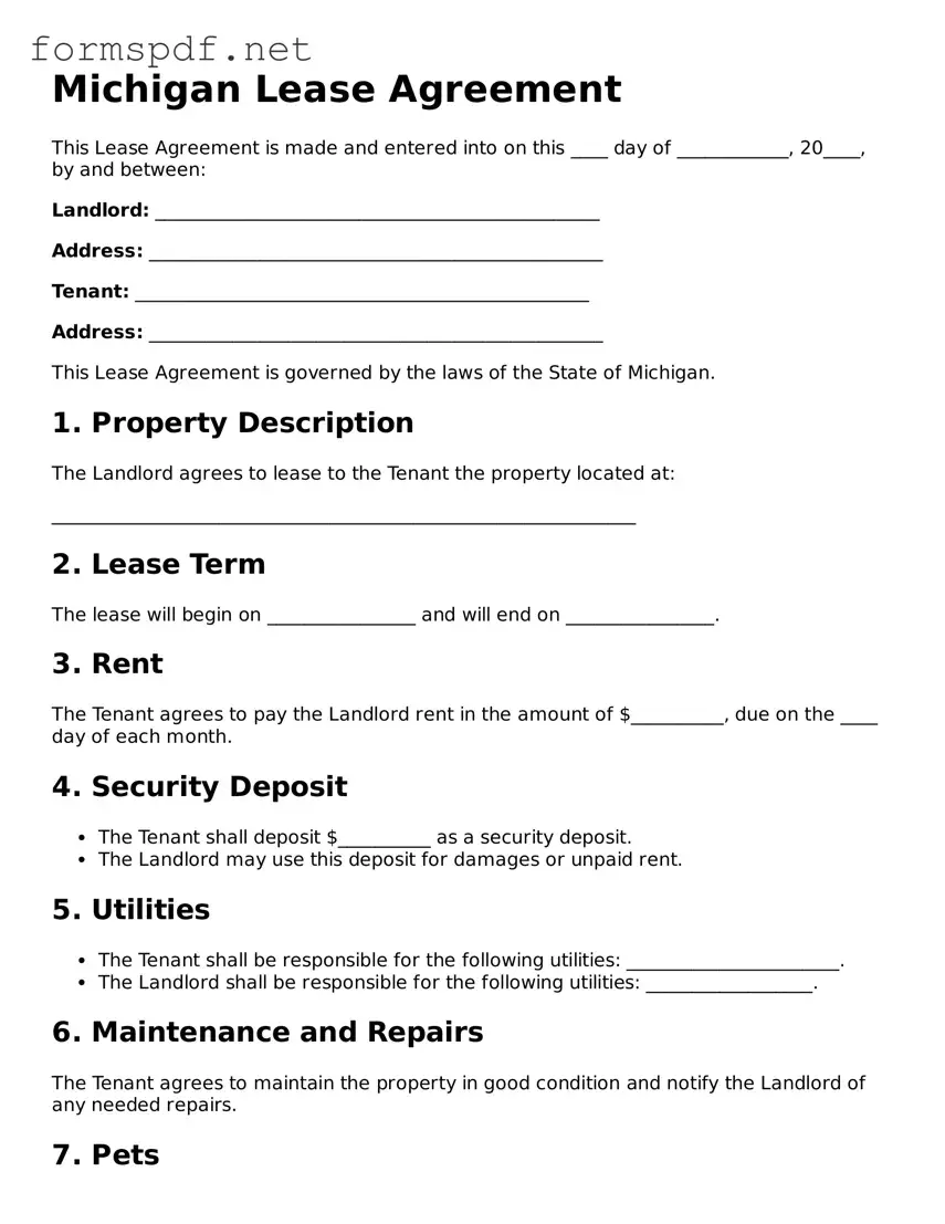 Free  Lease Agreement Form for Michigan