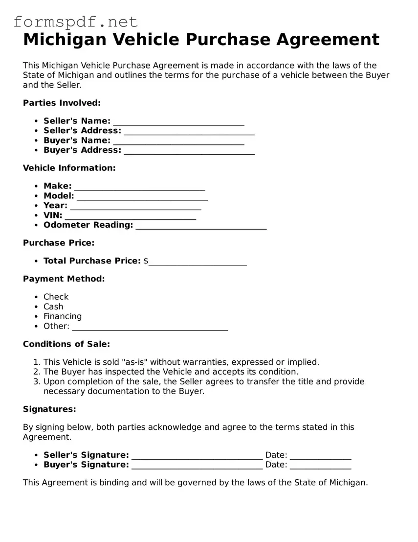 Free  Vehicle Purchase Agreement Form for Michigan