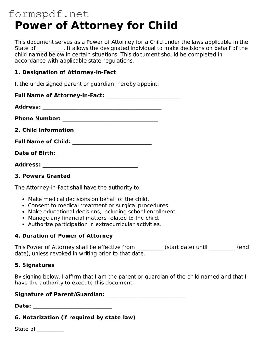 Fillable Power of Attorney for a Child Form