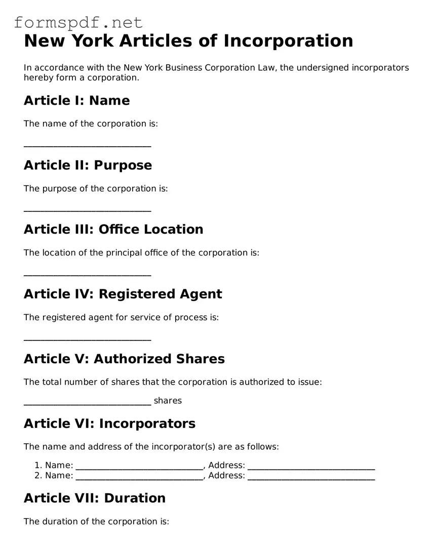 Free  Articles of Incorporation Form for New York