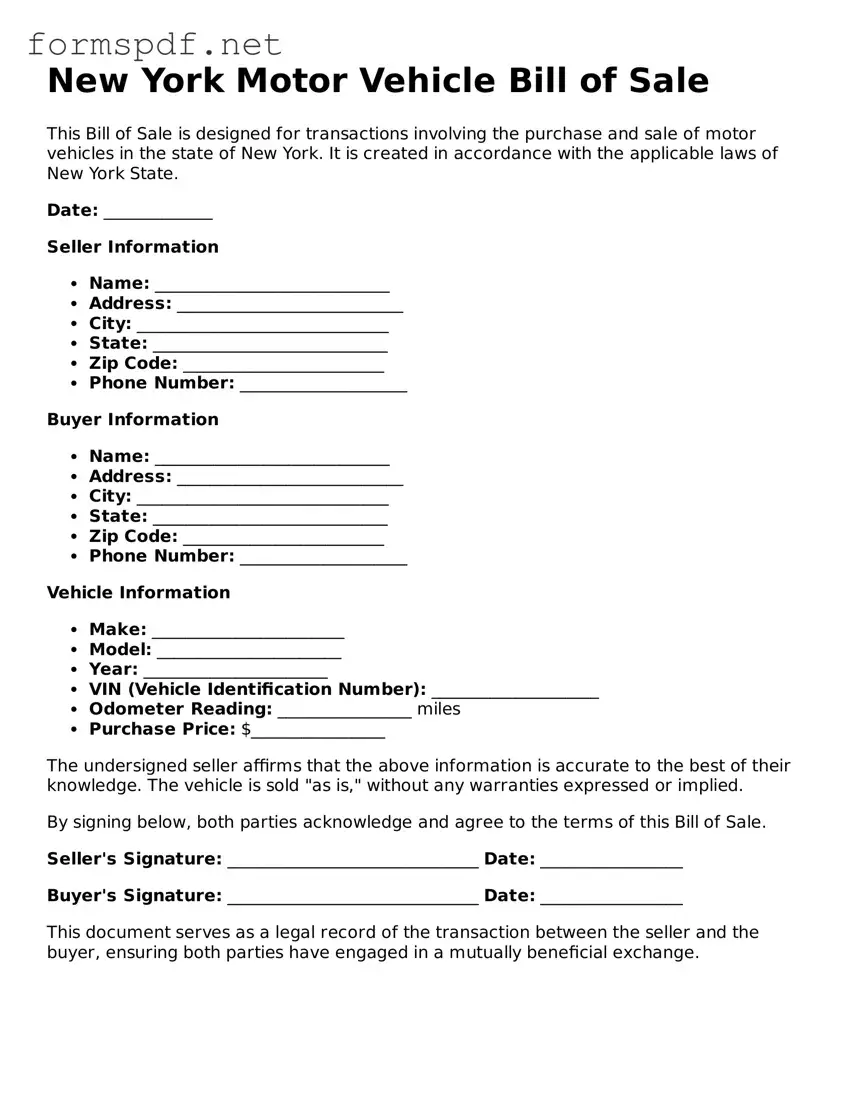 Free  Motor Vehicle Bill of Sale Form for New York