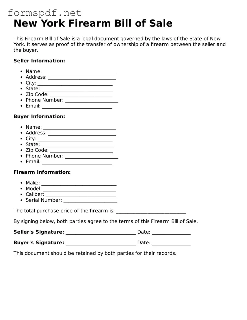 Free  Firearm Bill of Sale Form for New York