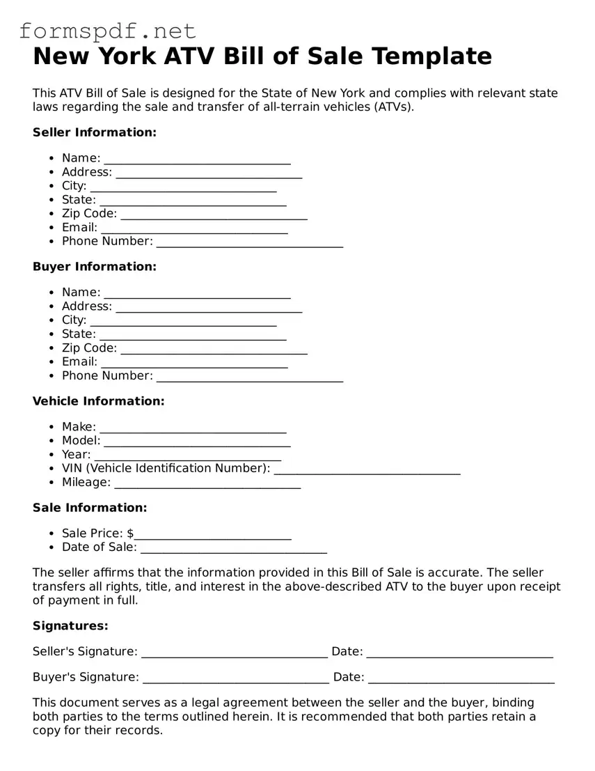 Free  ATV Bill of Sale Form for New York