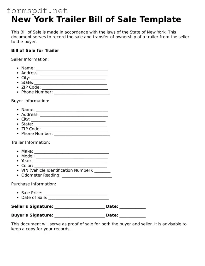 Free  Trailer Bill of Sale Form for New York