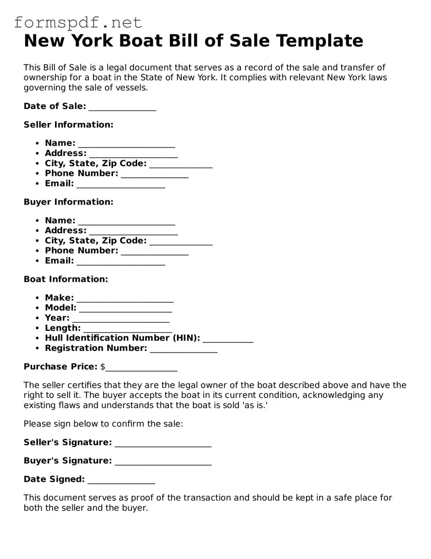 Free  Boat Bill of Sale Form for New York