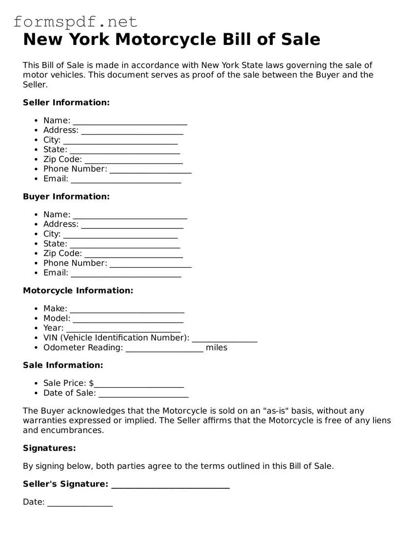 Free  Motorcycle Bill of Sale Form for New York