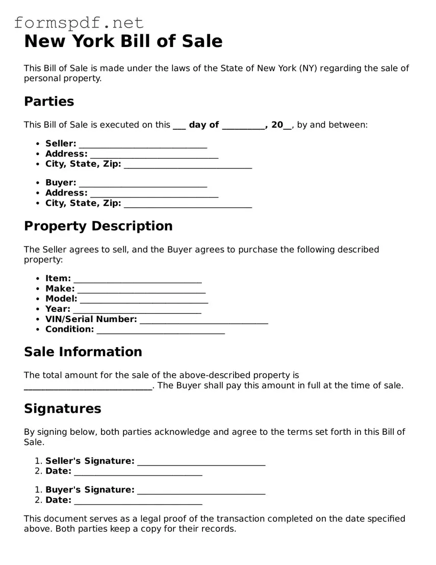 Free  Bill of Sale Form for New York