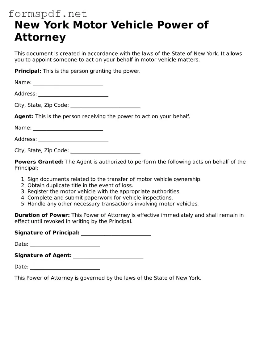 Free  Motor Vehicle Power of Attorney Form for New York