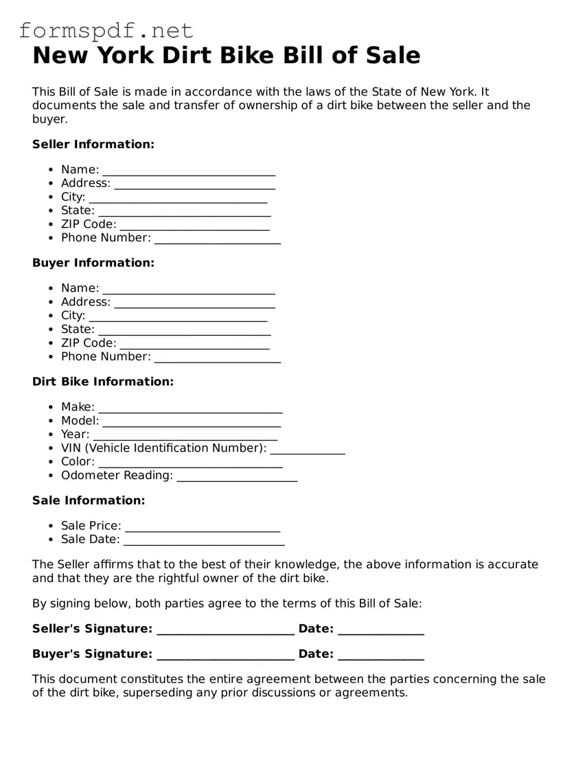 Free  Dirt Bike Bill of Sale Form for New York