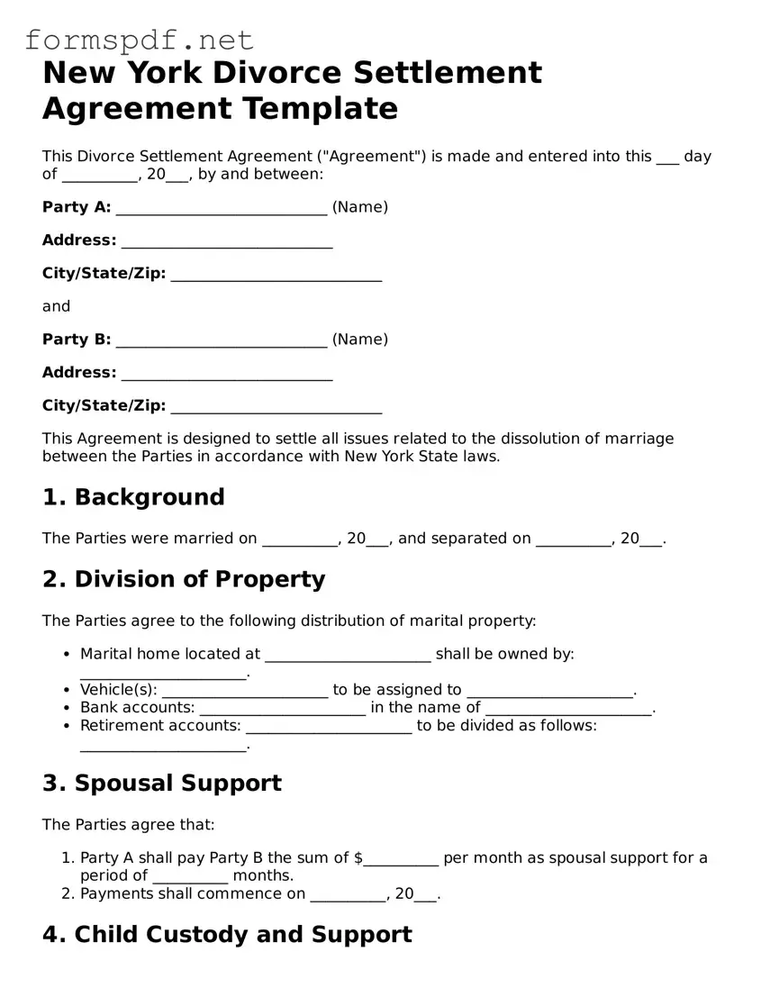 Free  Divorce Settlement Agreement Form for New York