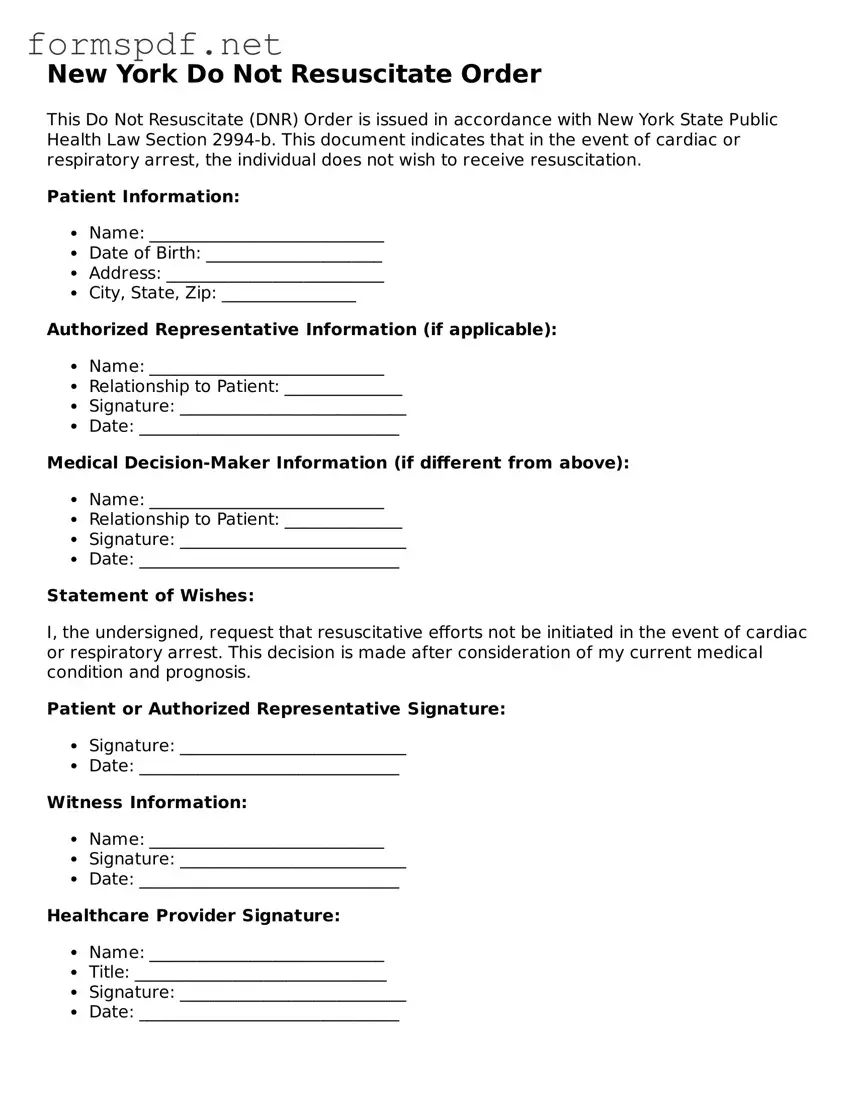 Free  Do Not Resuscitate Order Form for New York