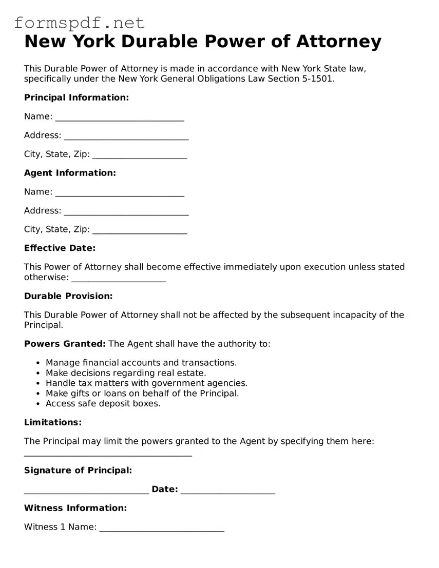 Free  Durable Power of Attorney Form for New York