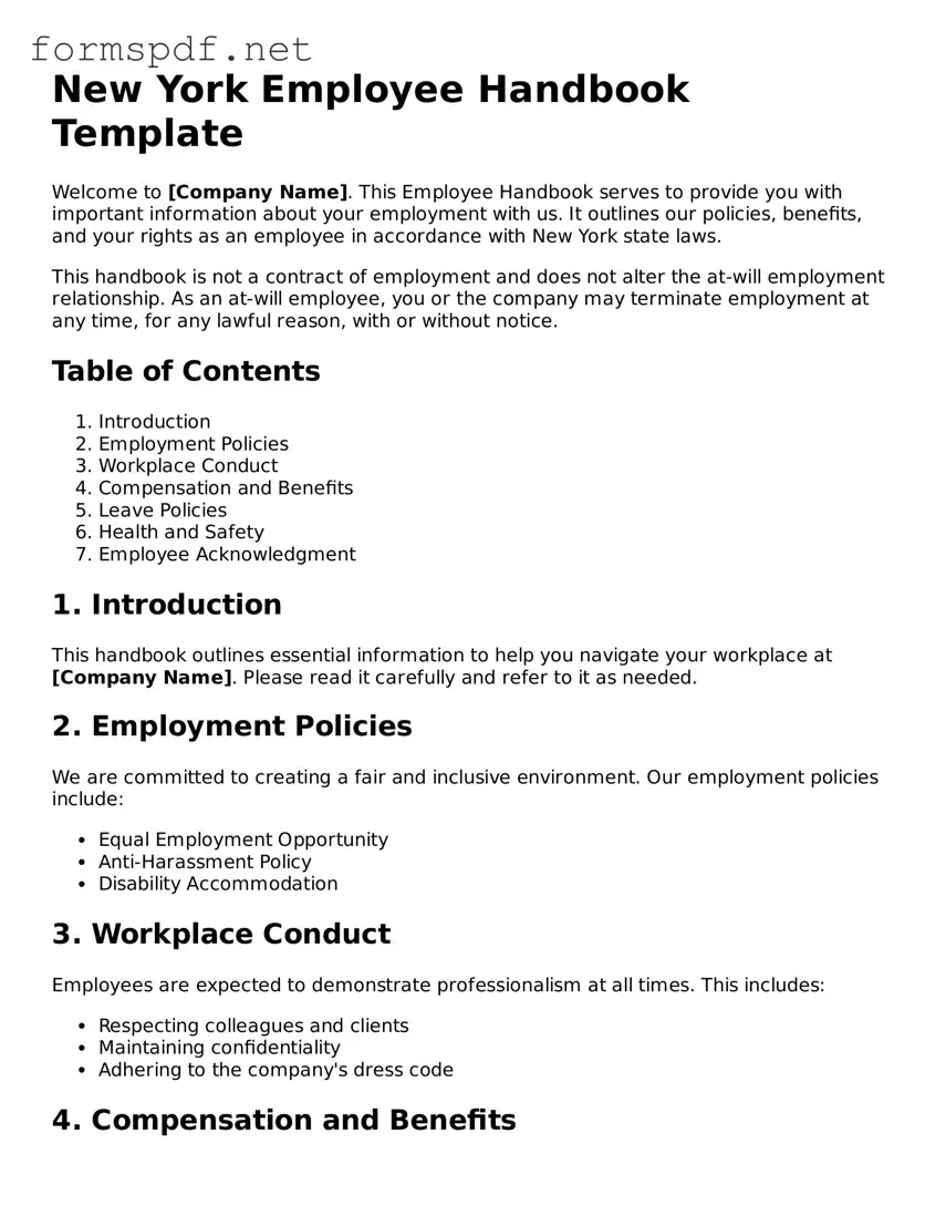 Free  Employee Handbook Form for New York