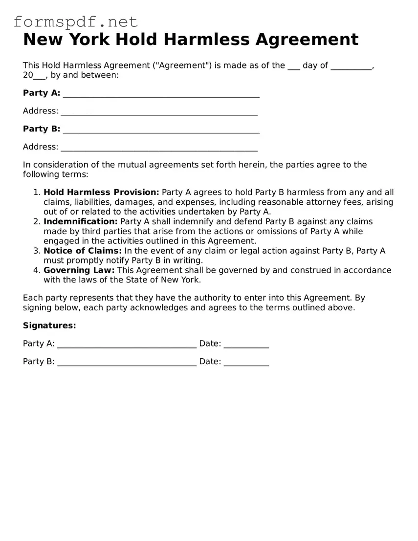 Free  Hold Harmless Agreement Form for New York