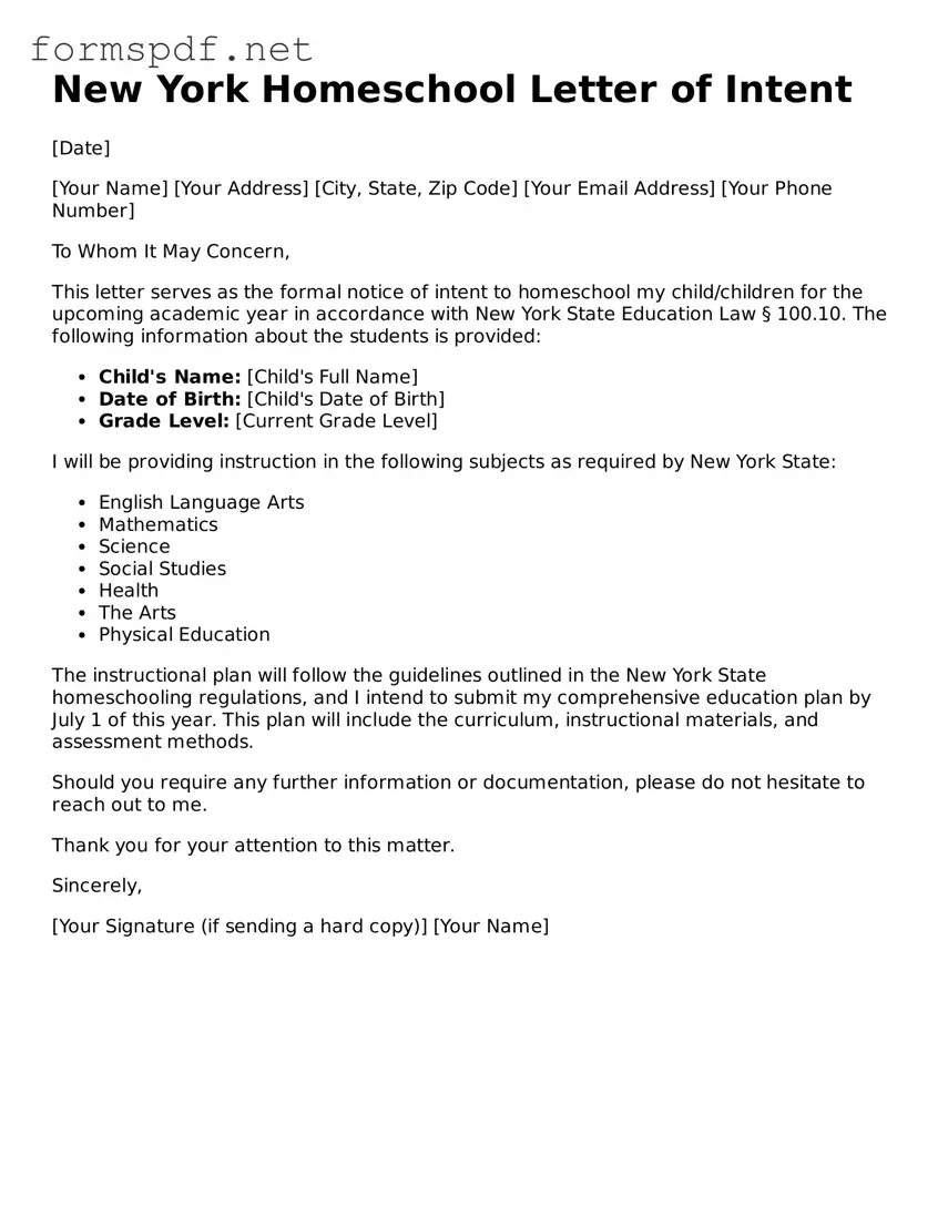 Free  Homeschool Letter of Intent Form for New York