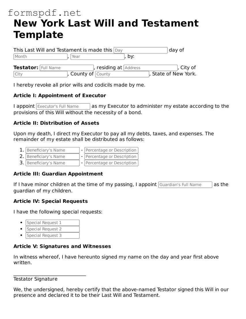 Free  Last Will and Testament Form for New York