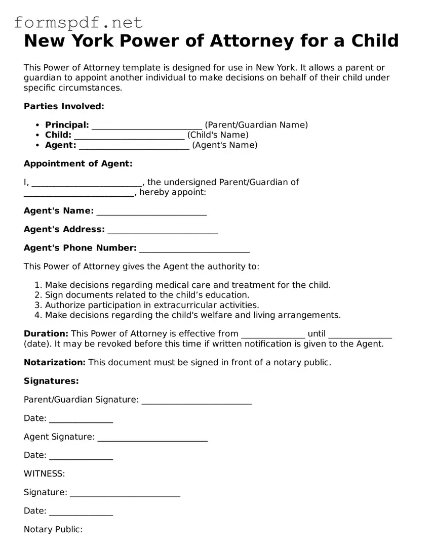 Free  Power of Attorney for a Child Form for New York