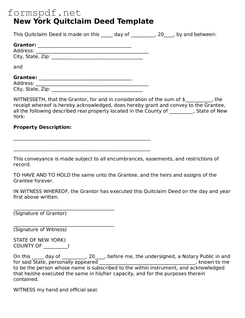 Free  Quitclaim Deed Form for New York