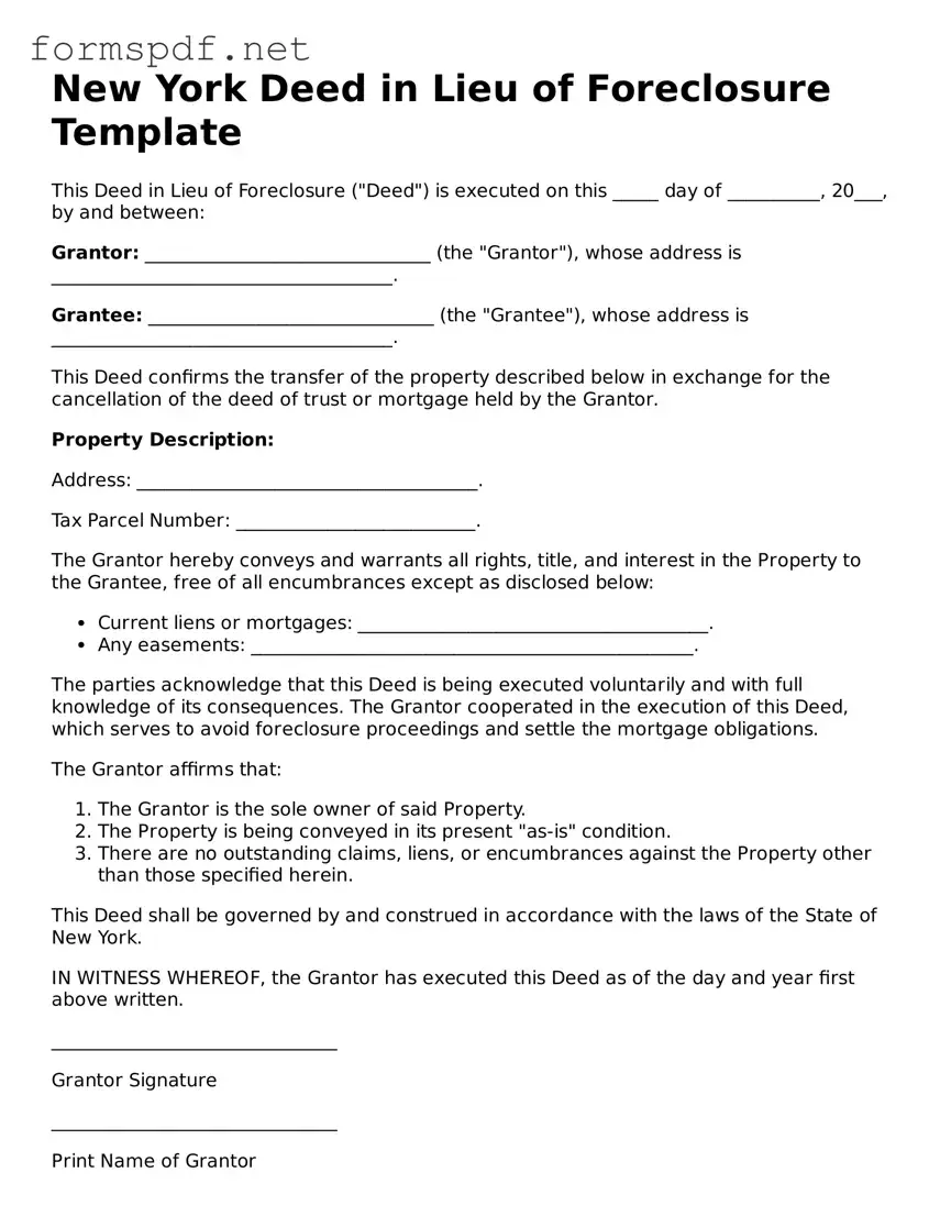 Free  Deed in Lieu of Foreclosure Form for New York