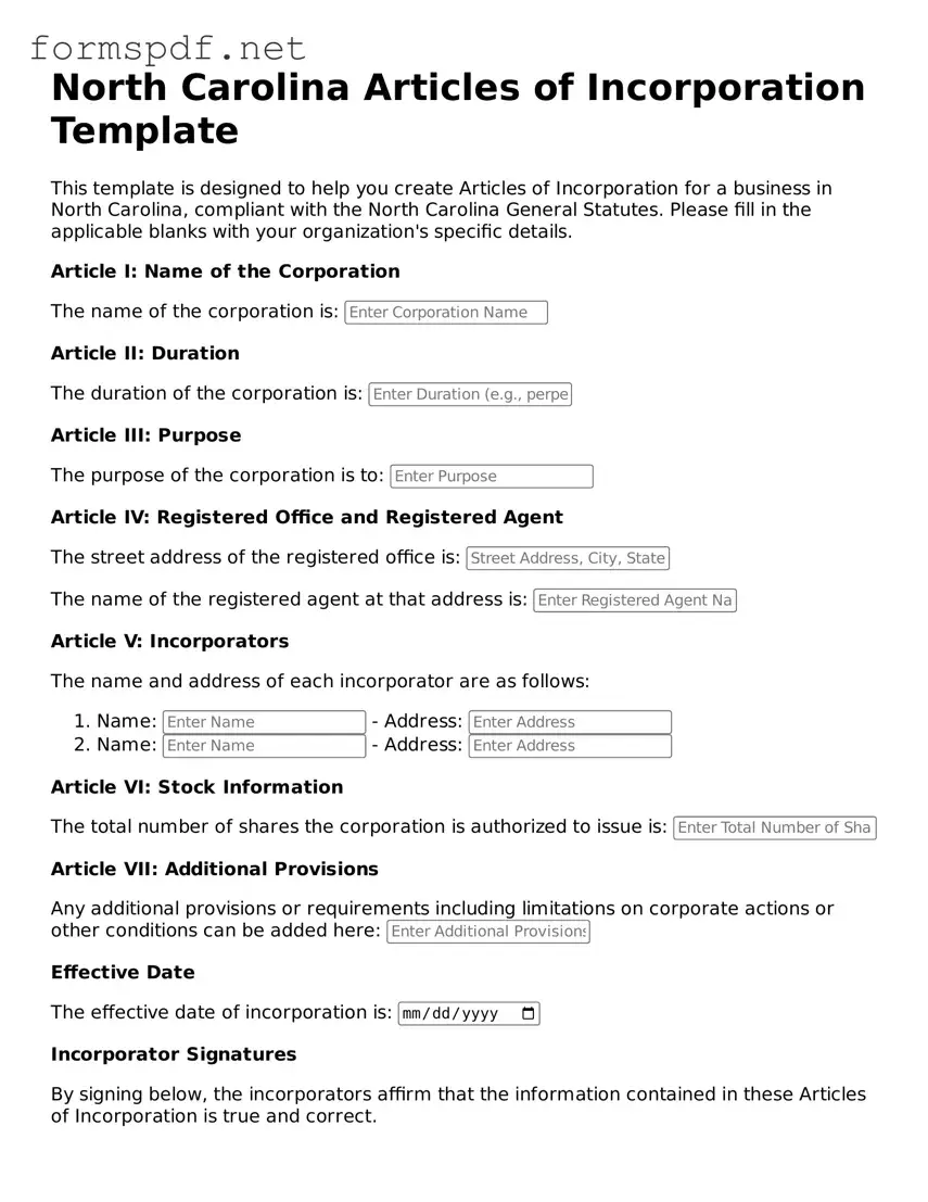 Free Articles of Incorporation Form for North Carolina