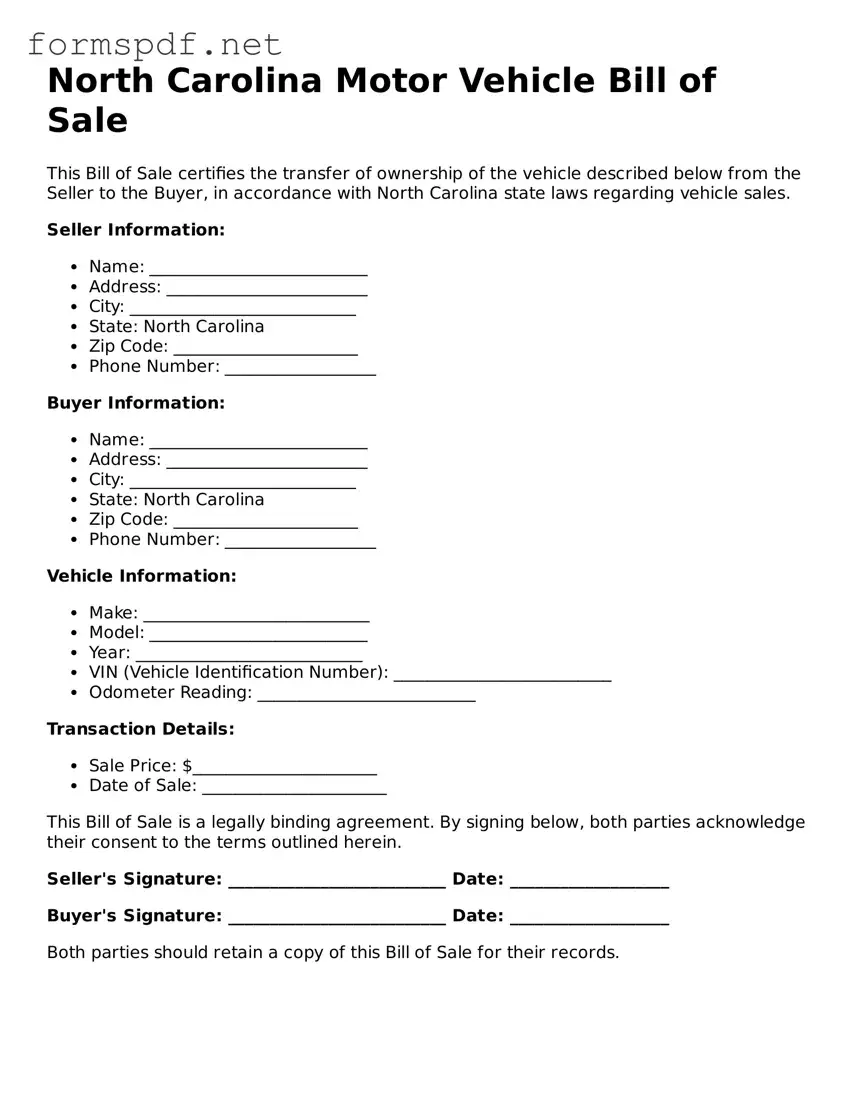Free  Motor Vehicle Bill of Sale Form for North Carolina