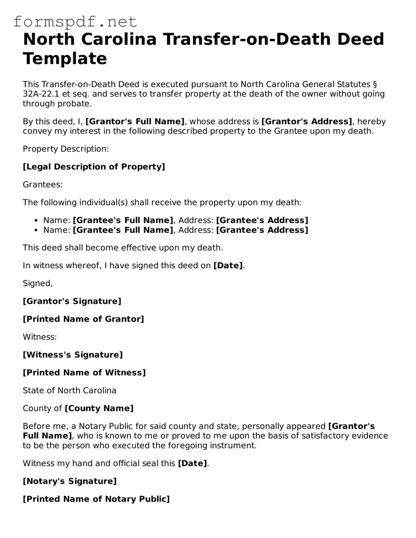Free  Transfer-on-Death Deed Form for North Carolina