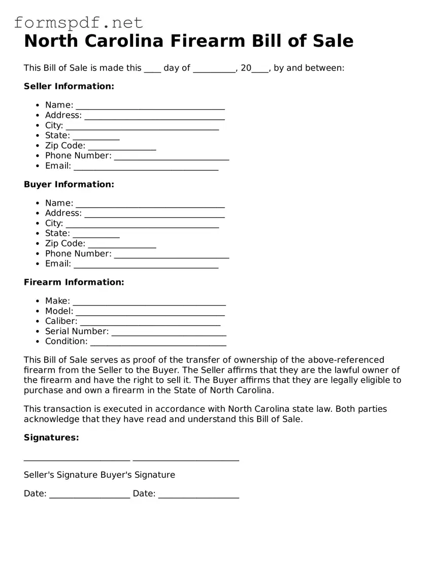 Free  Firearm Bill of Sale Form for North Carolina