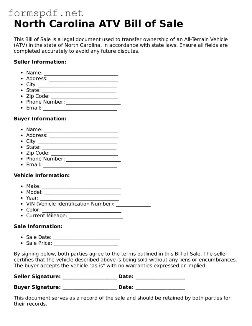 Free  ATV Bill of Sale Form for North Carolina