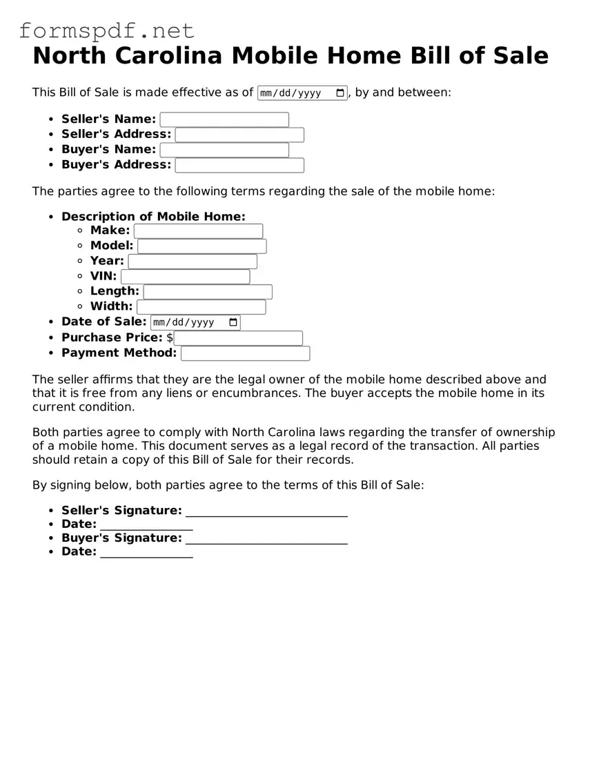 Free Mobile Home Bill of Sale Form for North Carolina
