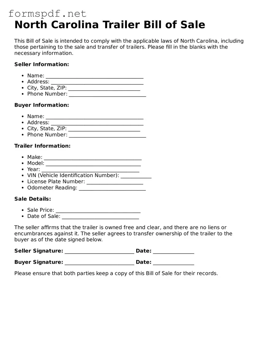 Free  Trailer Bill of Sale Form for North Carolina