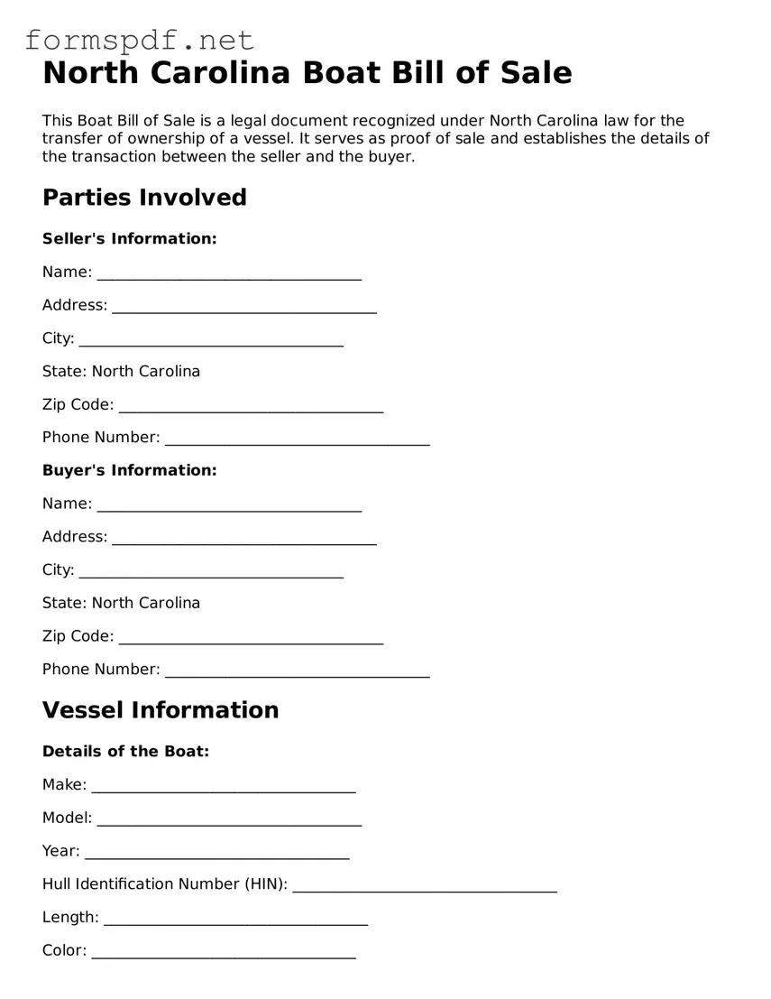 Free  Boat Bill of Sale Form for North Carolina