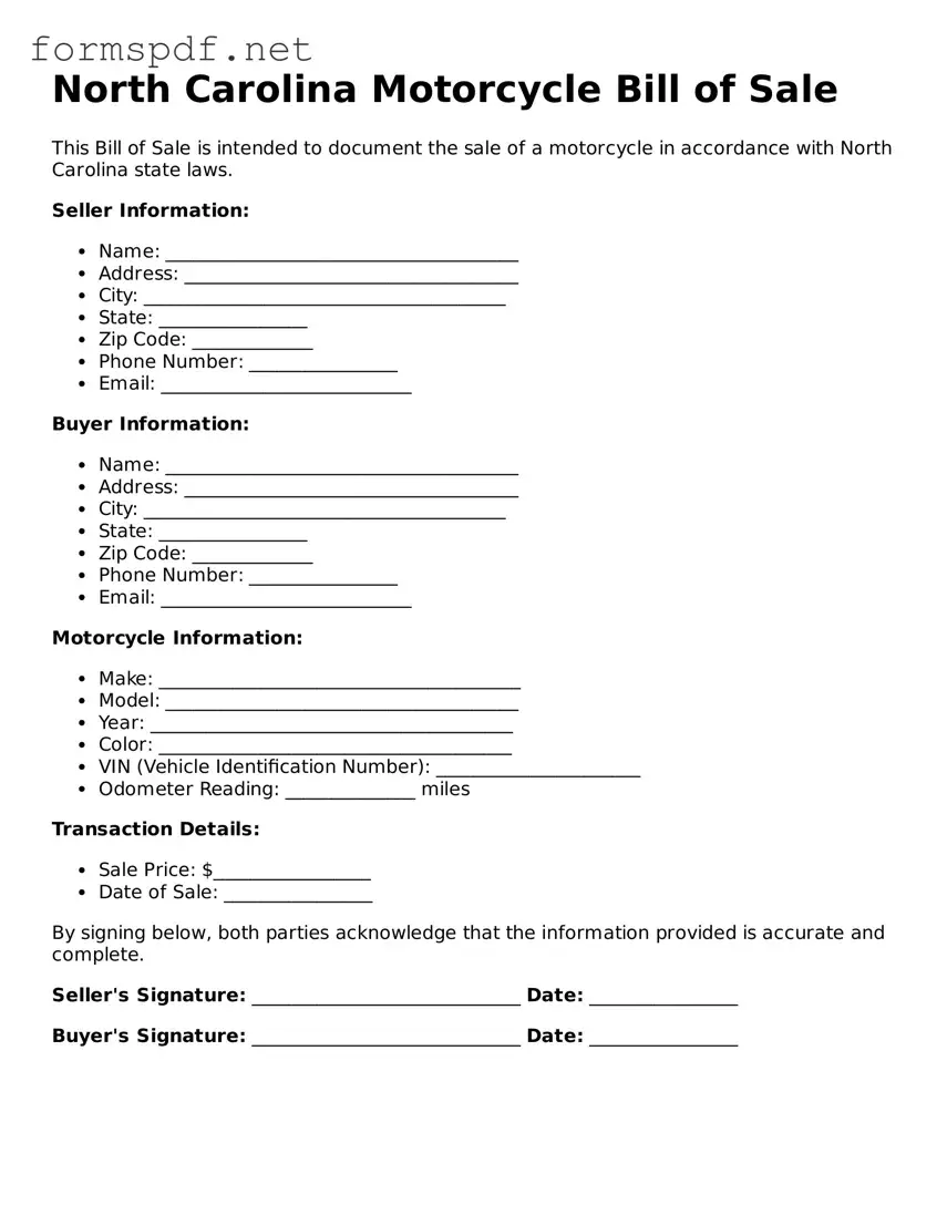 Free  Motorcycle Bill of Sale Form for North Carolina