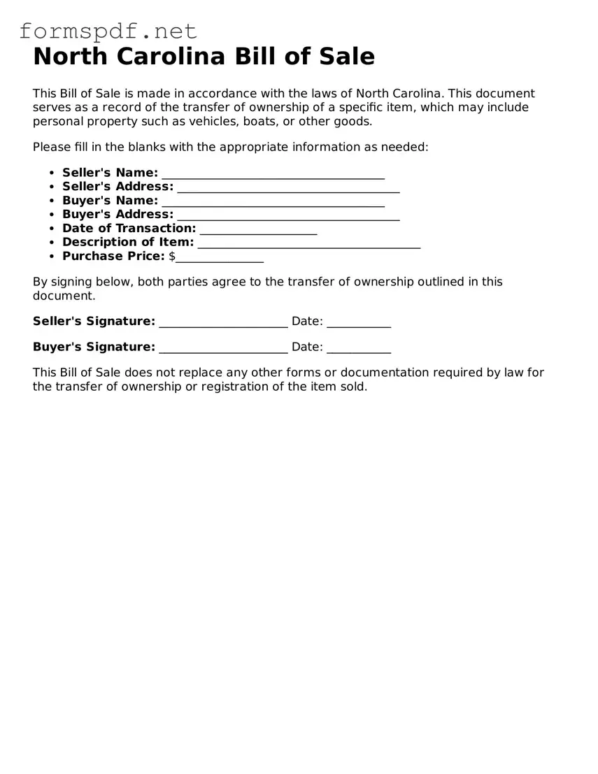 Free  Bill of Sale Form for North Carolina