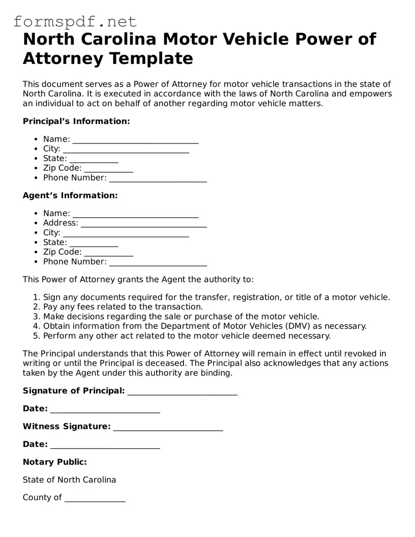 Free  Motor Vehicle Power of Attorney Form for North Carolina