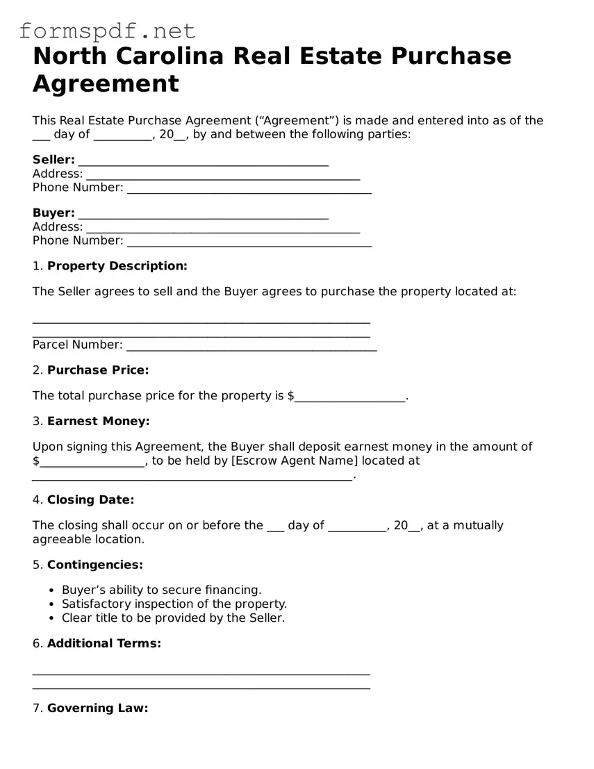 Free  Real Estate Purchase Agreement Form for North Carolina