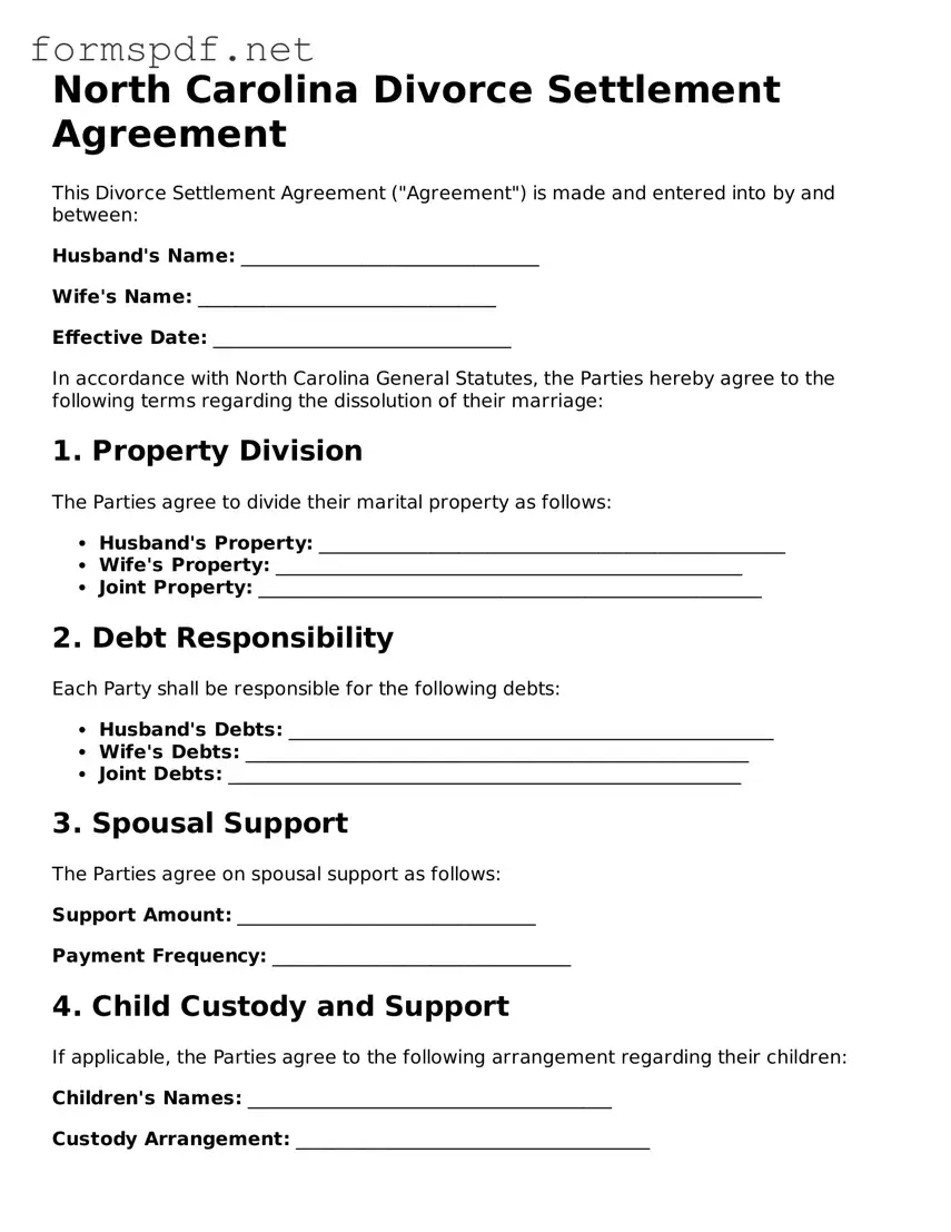 Free  Divorce Settlement Agreement Form for North Carolina