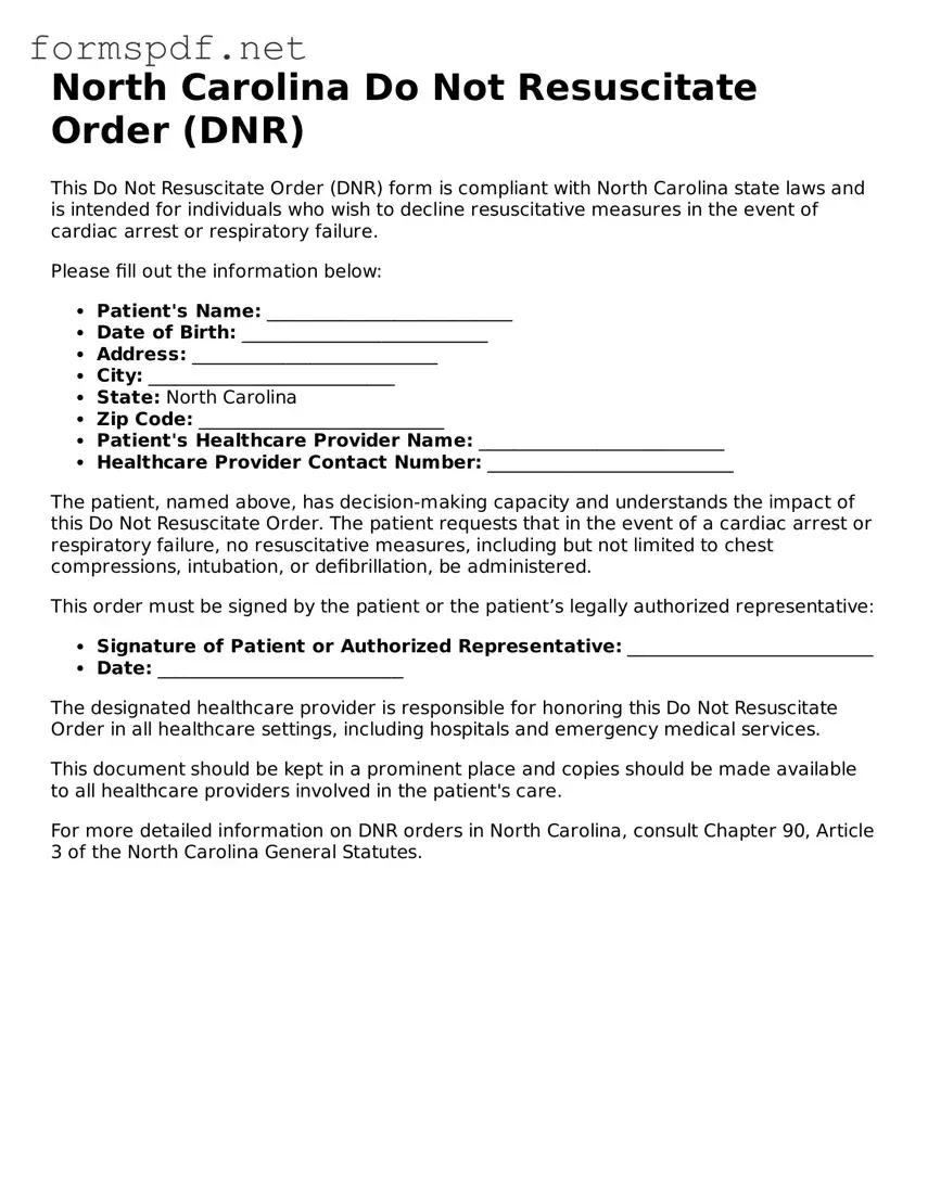 Free  Do Not Resuscitate Order Form for North Carolina