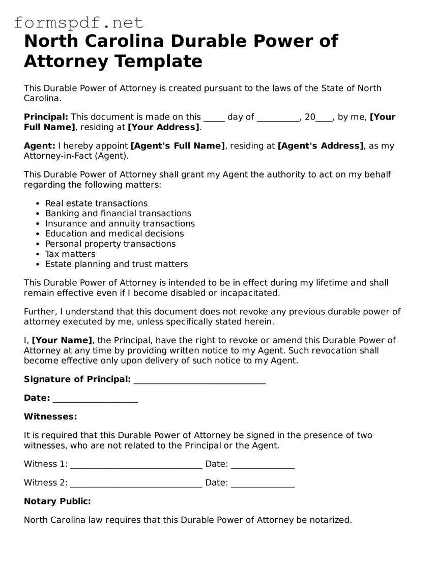 Free  Durable Power of Attorney Form for North Carolina