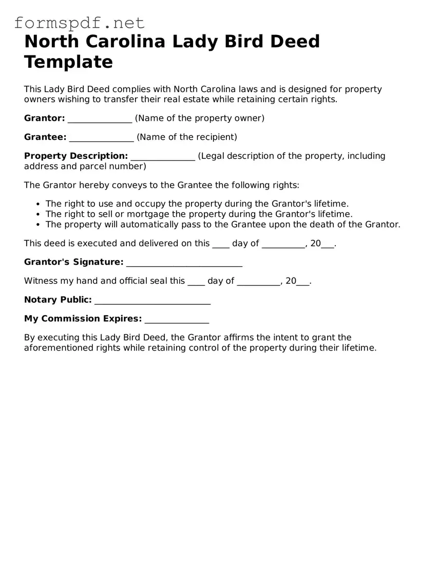 Free  Lady Bird Deed Form for North Carolina