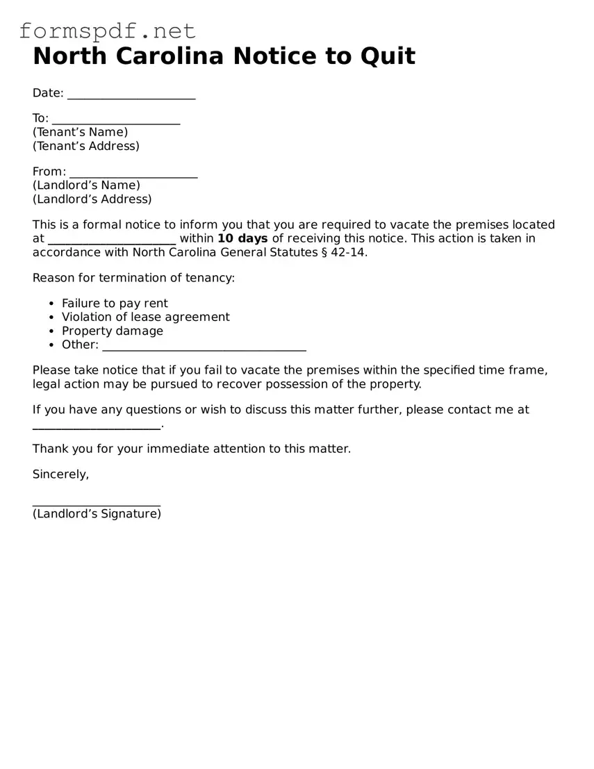 Free  Notice to Quit Form for North Carolina