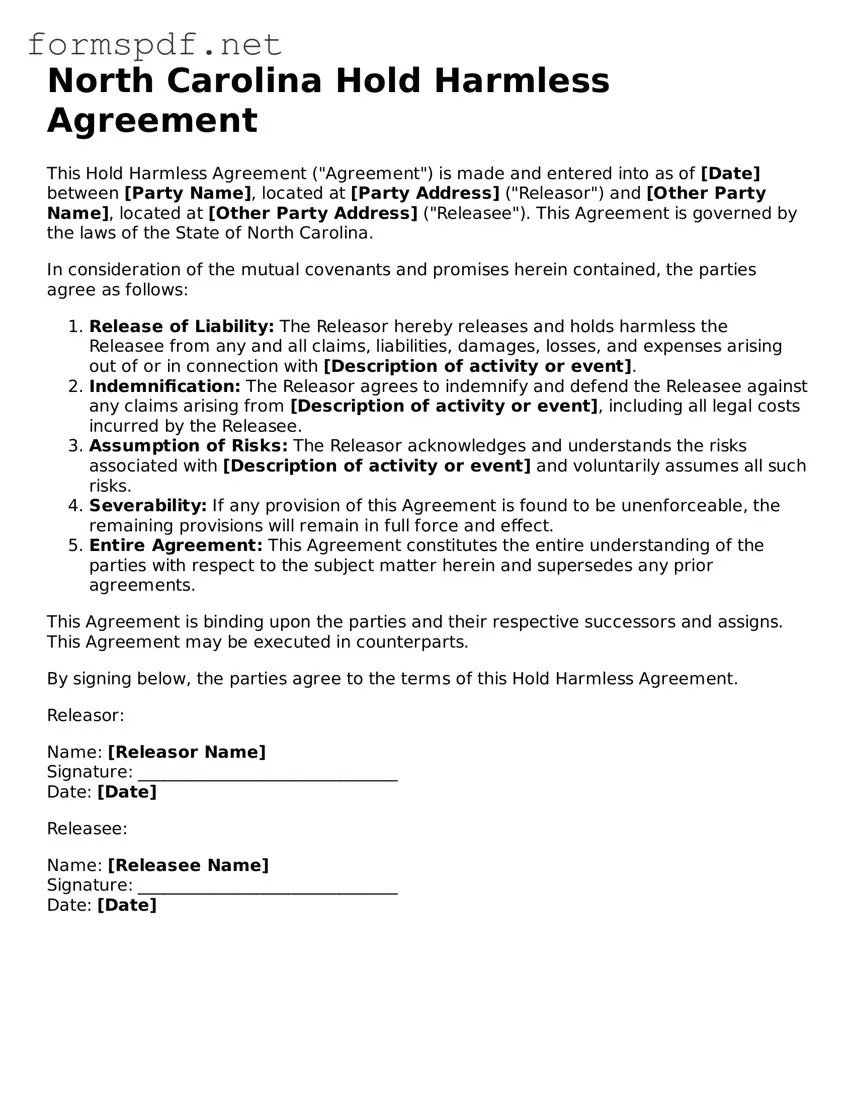 Free  Hold Harmless Agreement Form for North Carolina