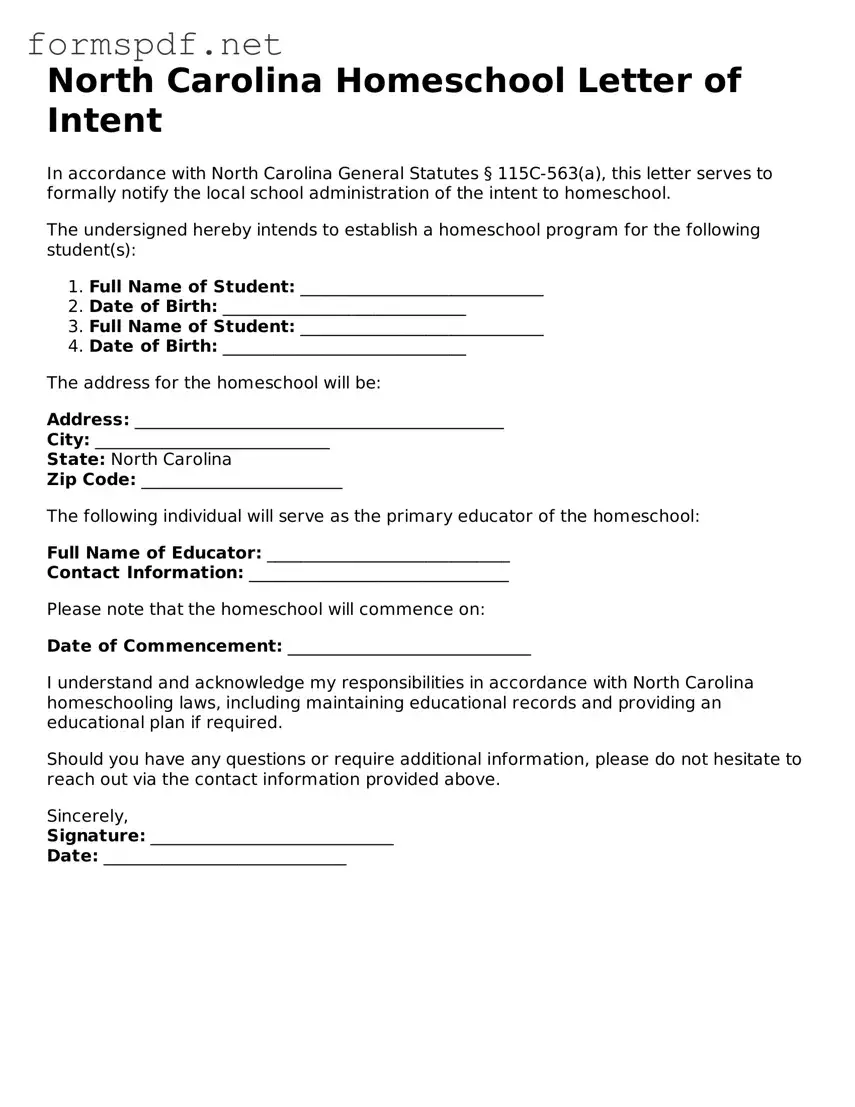 Free  Homeschool Letter of Intent Form for North Carolina
