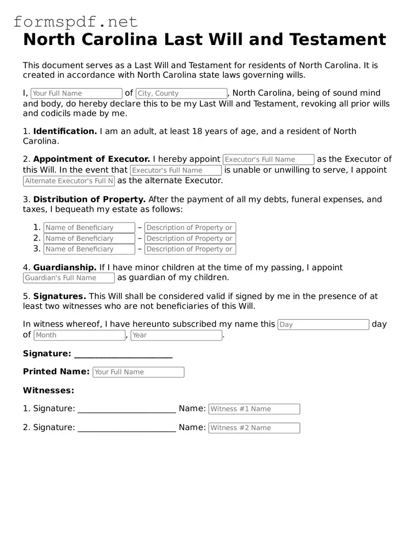 Free  Last Will and Testament Form for North Carolina