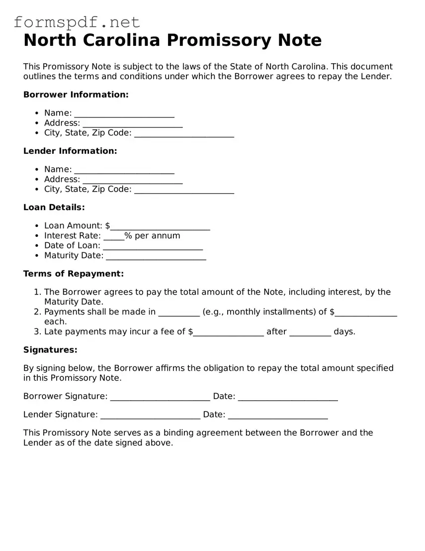Free  Promissory Note Form for North Carolina