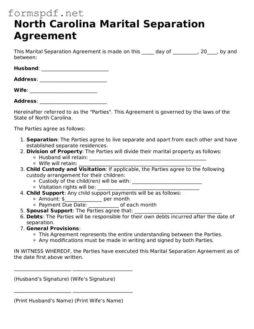 Free  Marital Separation Agreement Form for North Carolina