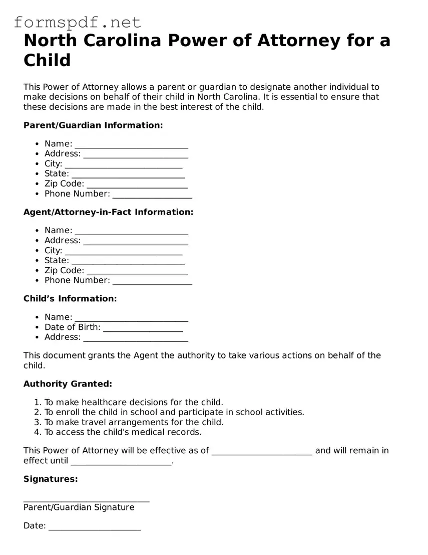 Free  Power of Attorney for a Child Form for North Carolina