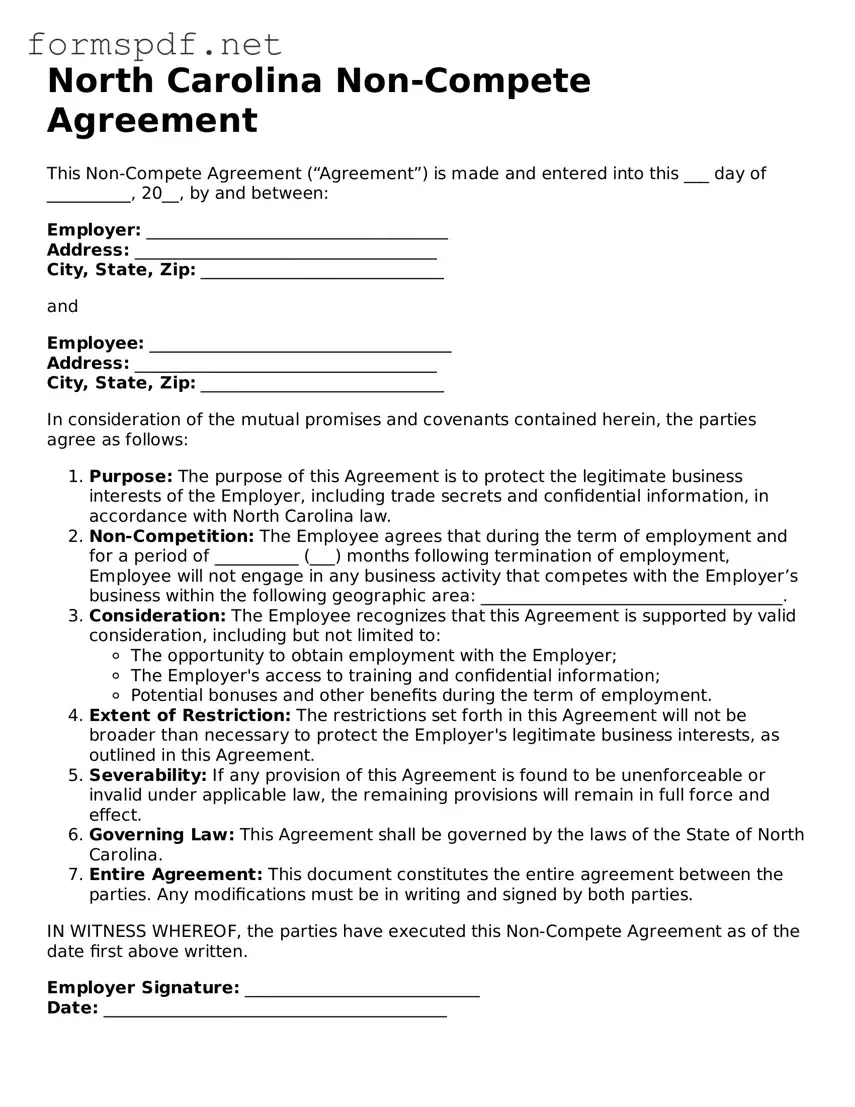 Free  Non-compete Agreement Form for North Carolina
