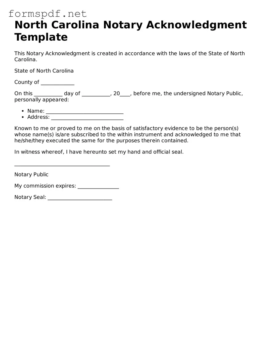 Free  Notary Acknowledgement Form for North Carolina