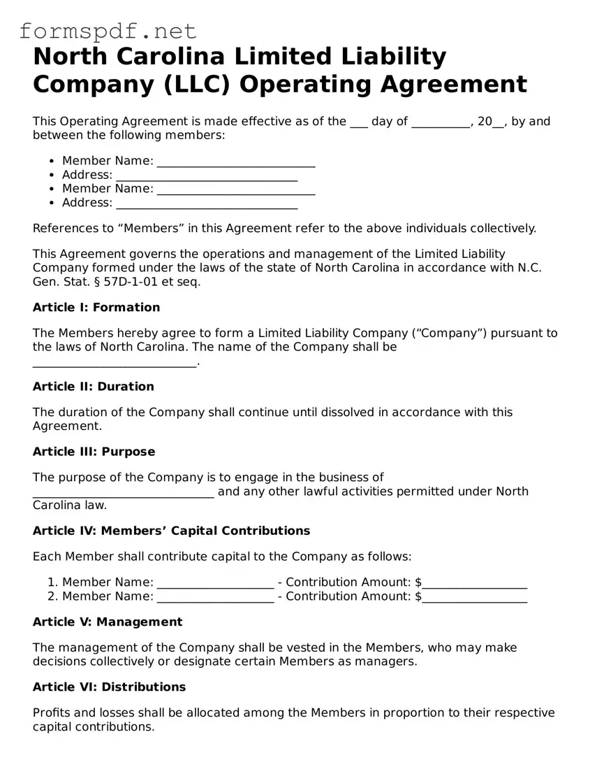 Free  Operating Agreement Form for North Carolina