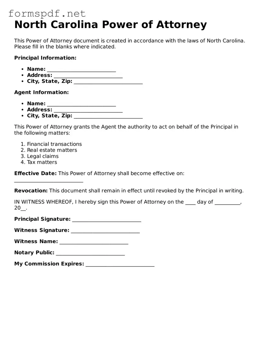 Free  Power of Attorney Form for North Carolina